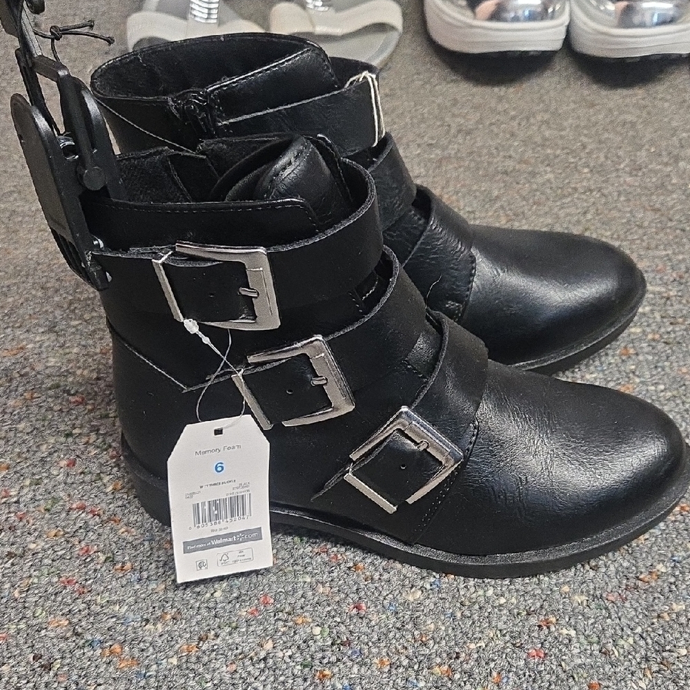 Time and Tru Black Triple Buckle Combat Boots